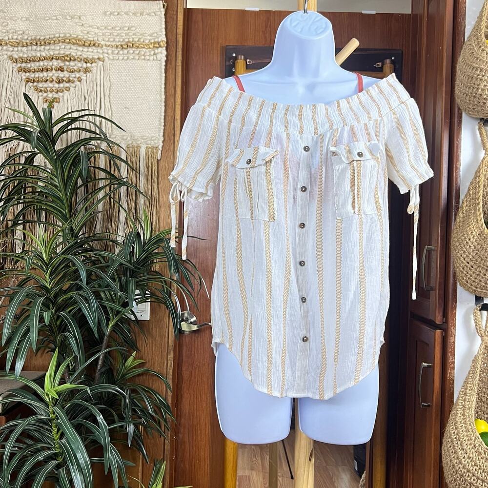 Off Shoulder Striped Button Front Top Sweet Wanderer L Neutral Summer Blouse